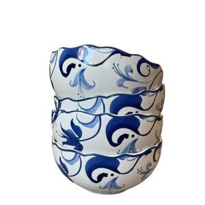 222 Fifth AYLA Blue Floral Porcelain 7in Cereal Bowls Set of 4 Spring Easter New